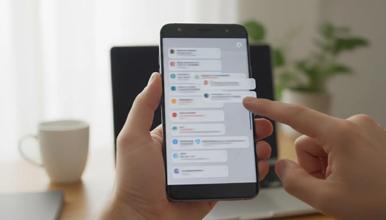 Nærbillede af hænder, der forsøger at stoppe gentagne pop-up-beskeder på en Android-telefon.