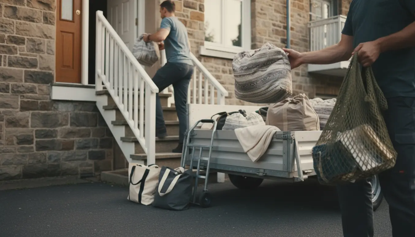 Hjælpere løfter poser og net med ejendele fra en trailer op ad en udendørs trappe til en lejlighed på 1. sal.