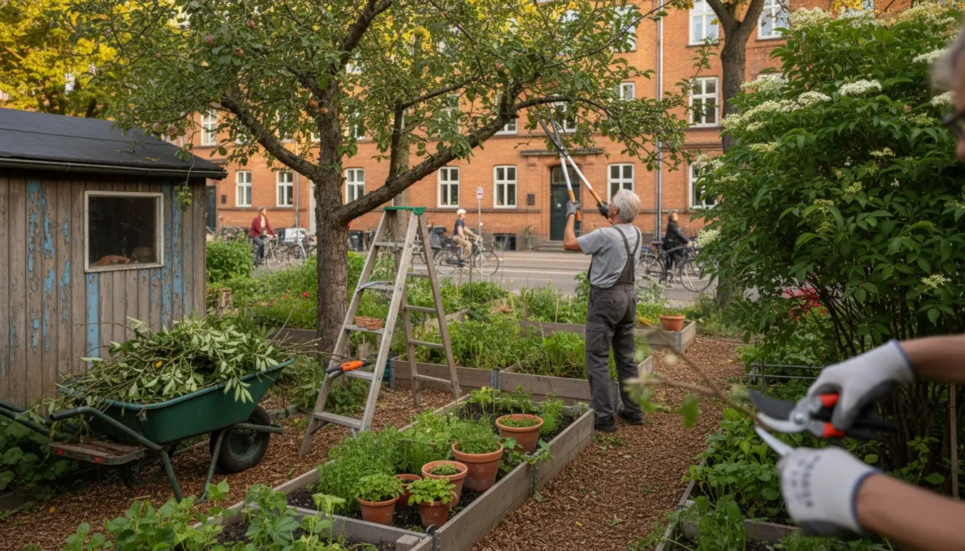 Handsker beskærer hyldetræ og æbletræ i en kolonihave på Østerbro med grensakse og trailer fyldt med grønt affald.