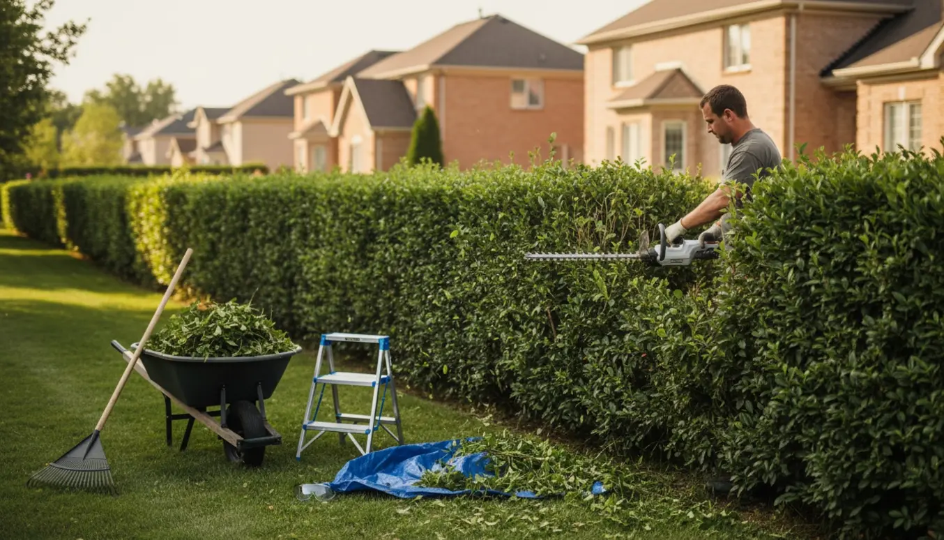 Person trimmer en lang hæk udefra med en elektrisk hækkeklipper og samler afklip i en trillebør.