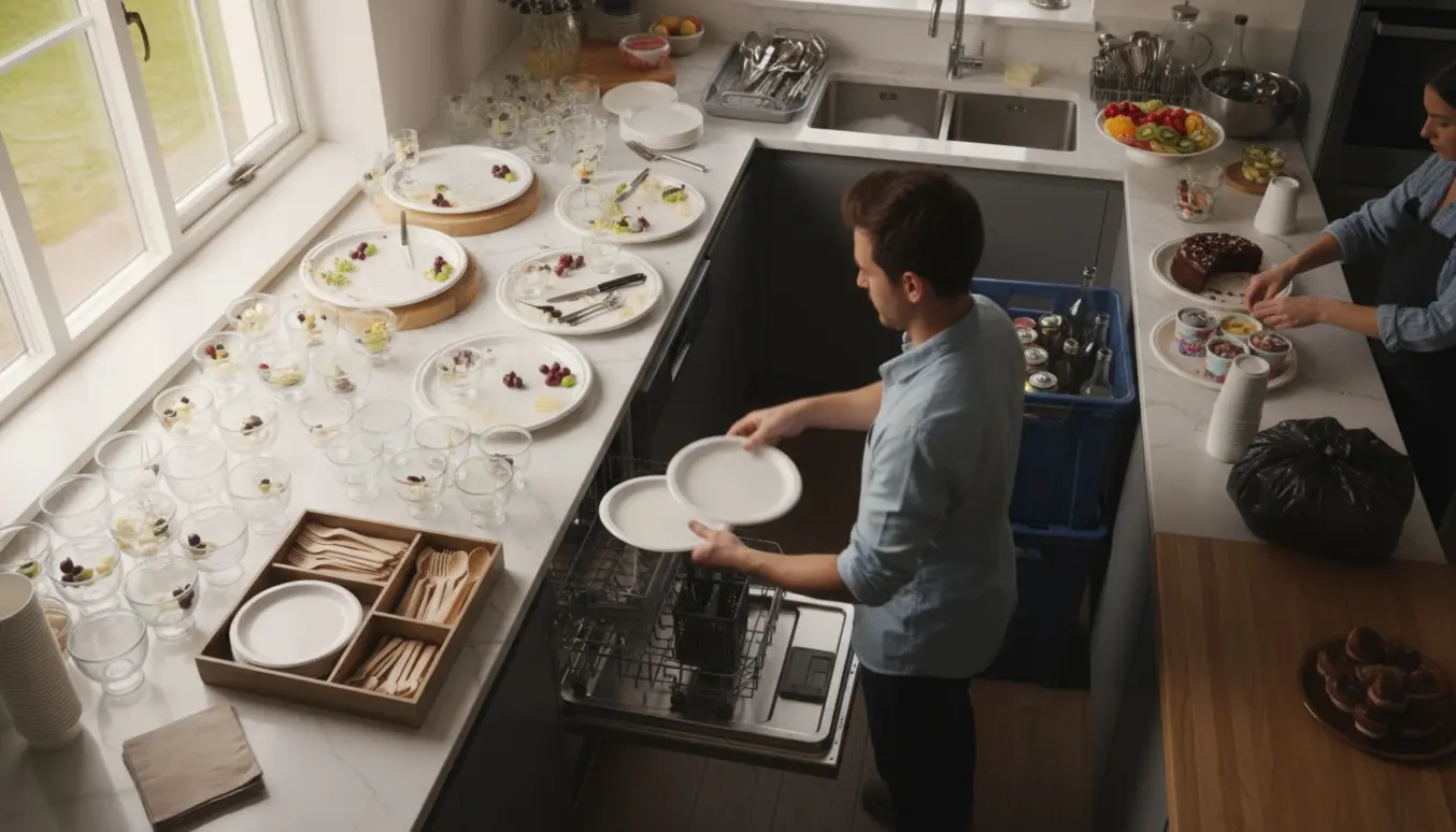 Hænder lægger fade og små glasskåle i opvaskemaskinen og rydder flasker og engangsservice efter en privat buffet.