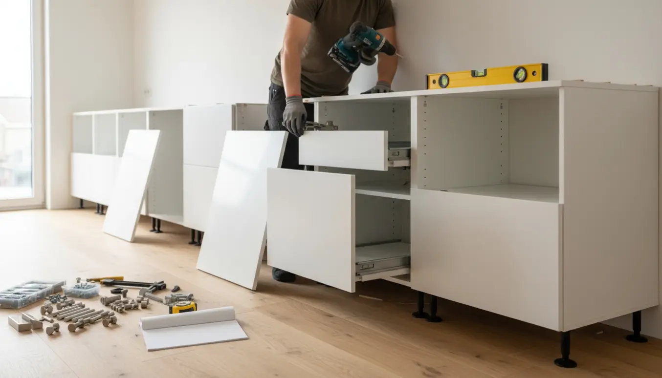 Delvist monterede METOD-køkkenskabe med værktøj og hænder i et nybygget køkken.