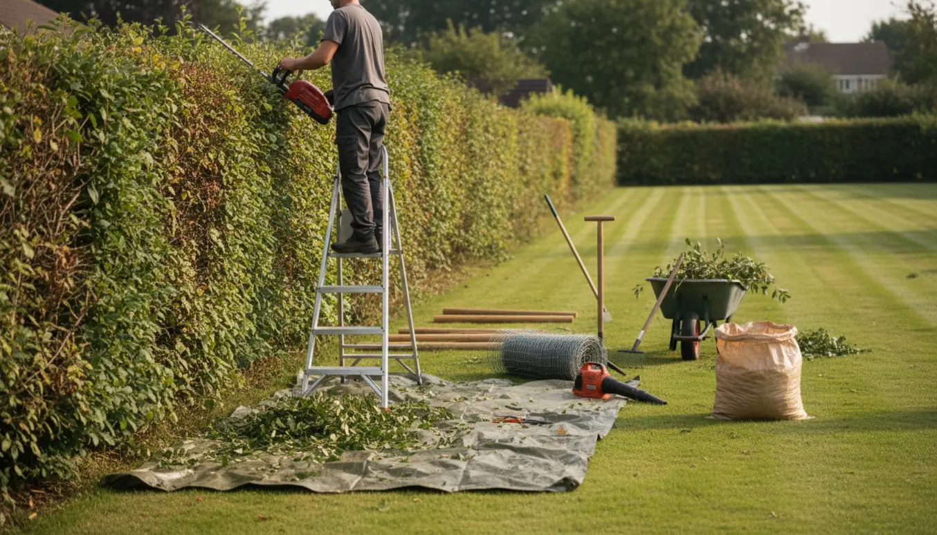 Person set bagfra klipper top og side af en lang hæk med ruller af fjernet hundehegn og afklip i en trillebør.