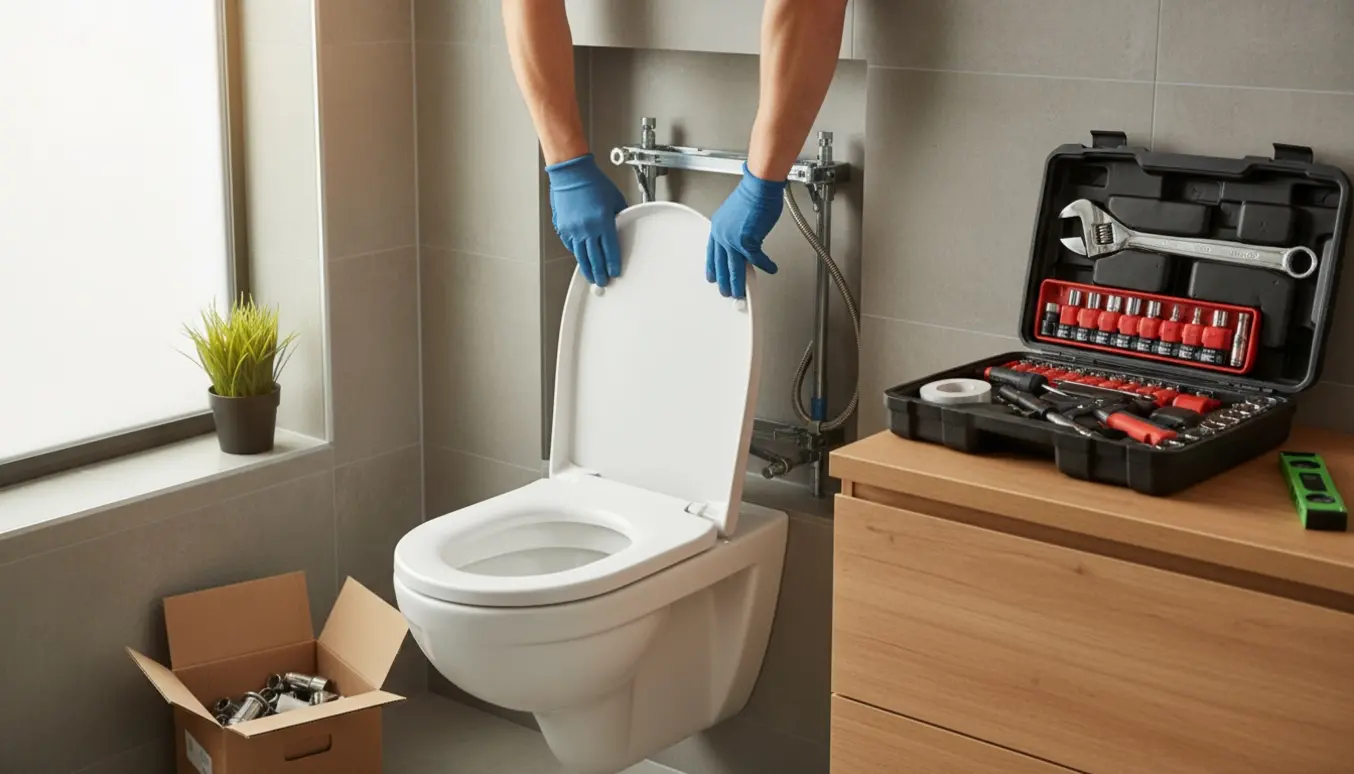 Montør monterer nyt væghængt toilet i lyst, moderne badeværelse, kun hænder synlige.