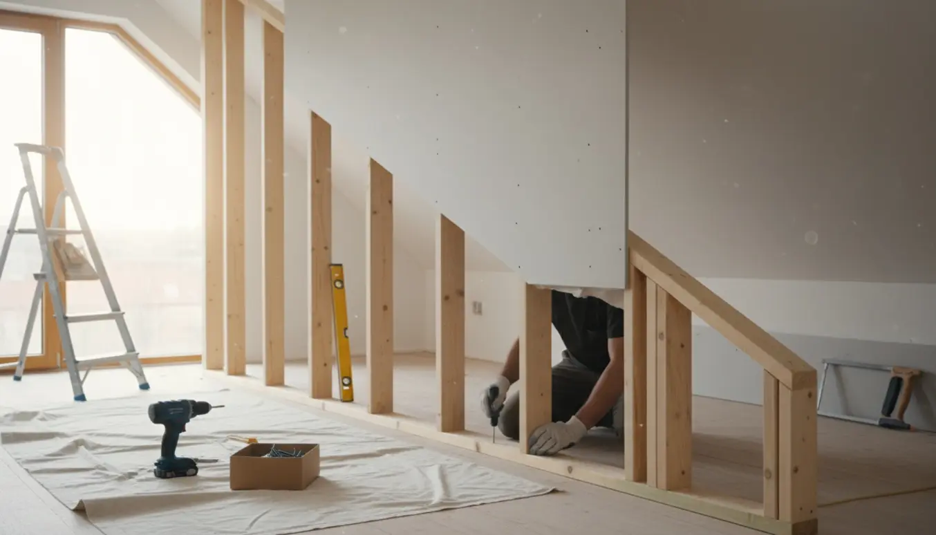 En håndværker monterer en lille skillevæg under et skråt loft i et lyst rum.