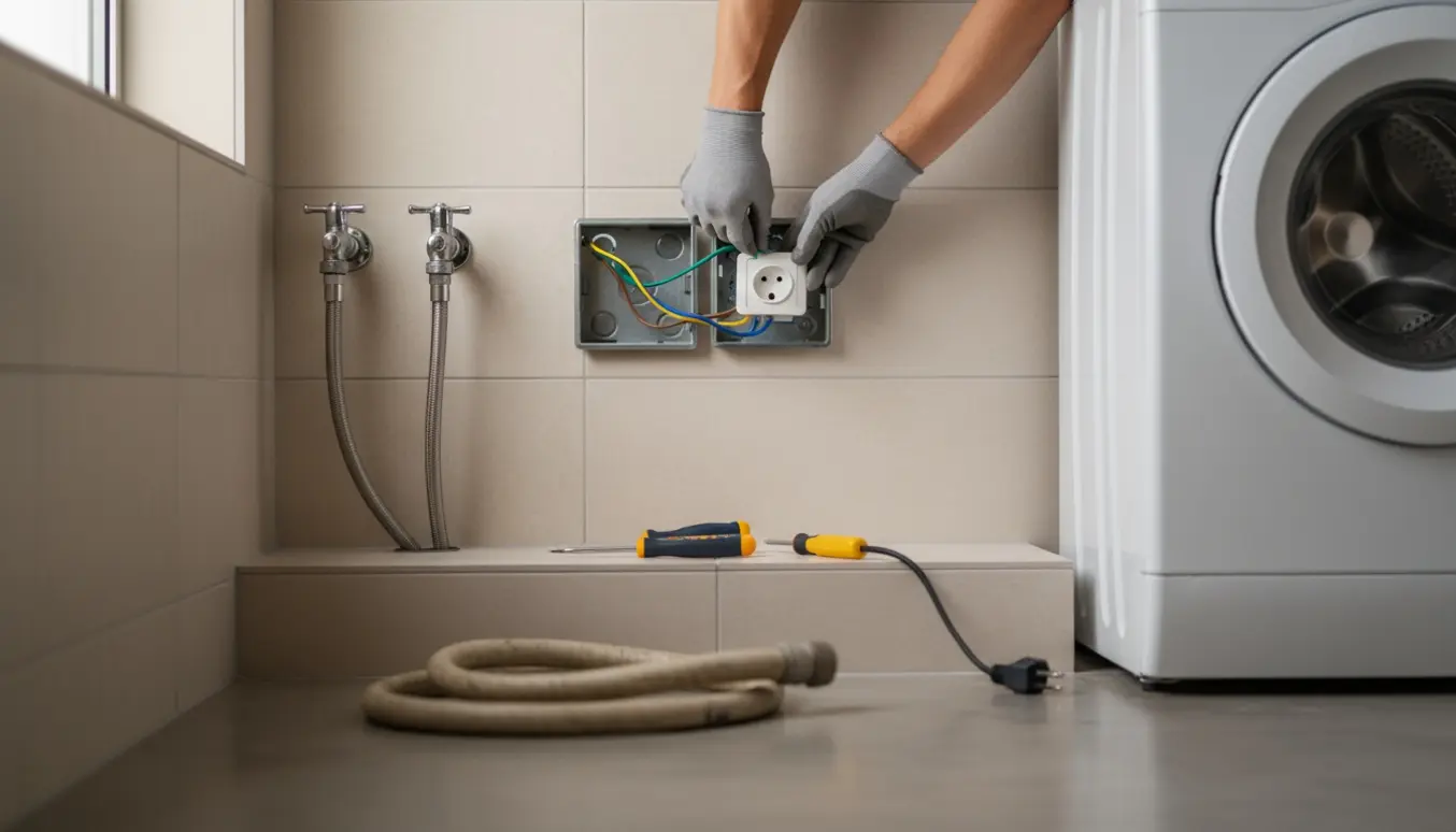 Installatørens hænder monterer et nyt jordet elstik ved vaskemaskinens tilslutning i et lyst vaskerum.