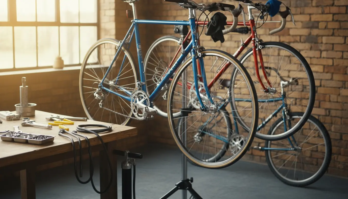 Fire cykler i et værksted, hvor hænder renser og smører kæder, med reservekæder og flade slanger på arbejdsbordet.