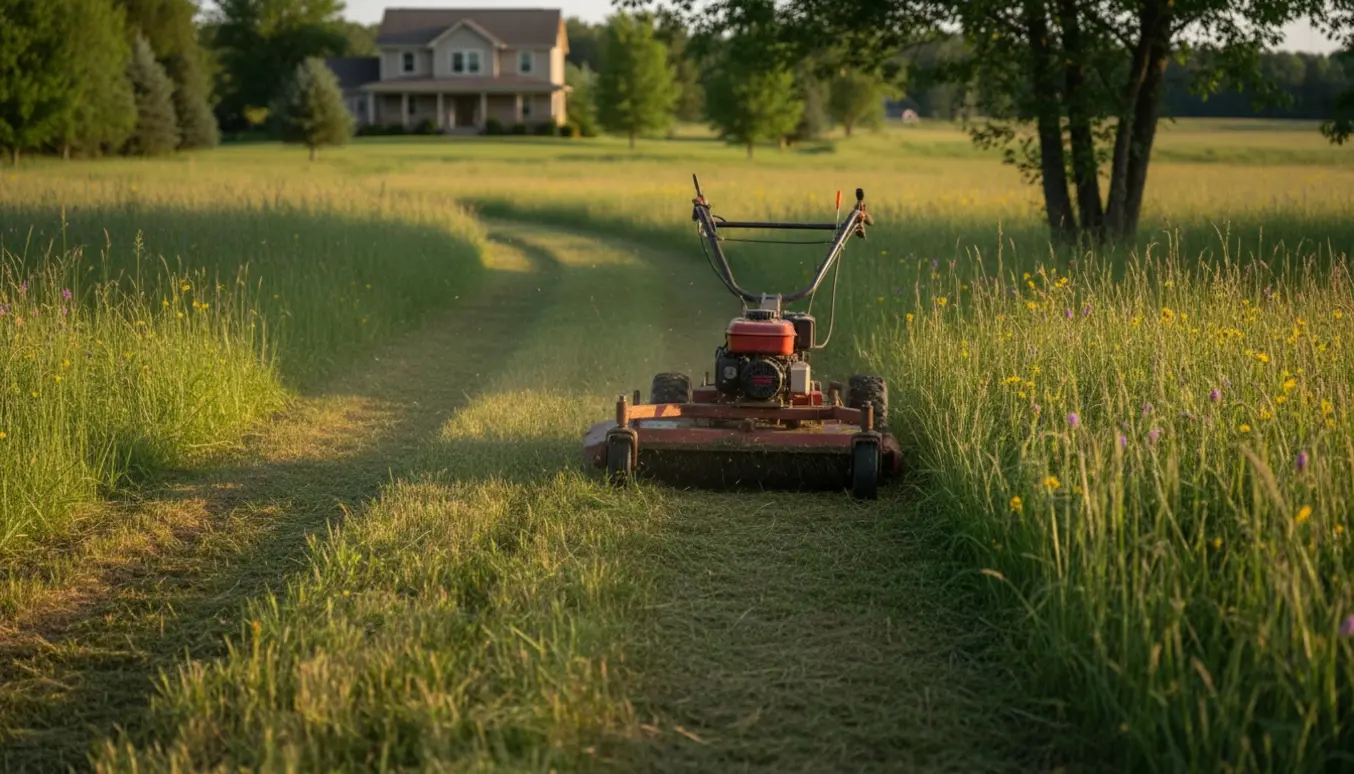 En lille plæneklipper klipper højt græs på en ujævn naturgrund med stier og hus i baggrunden.