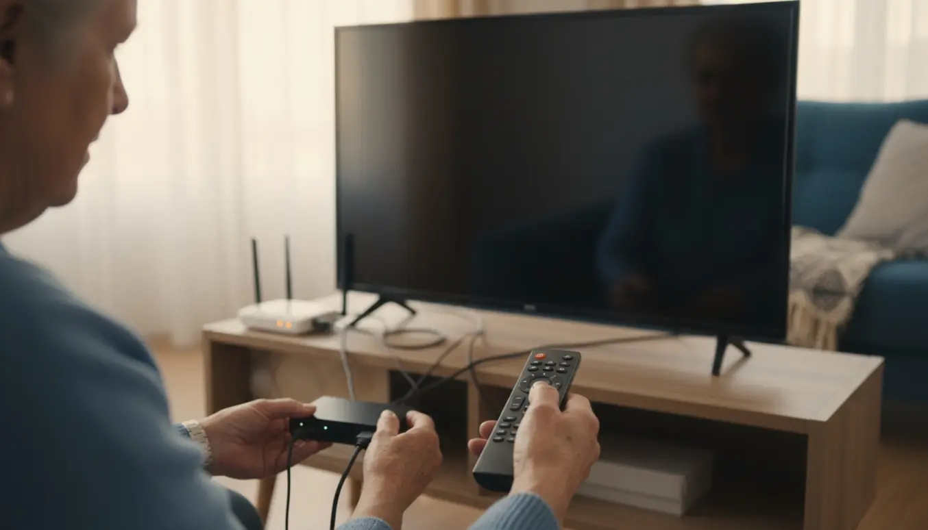 Hænder peger med fjernbetjening mod en mørk tv-skærm med set-top-boks og router på et tv-møbel.