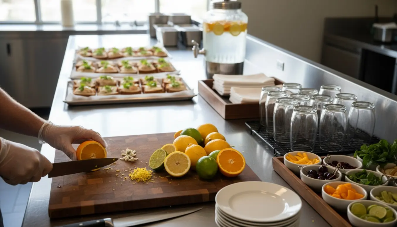 Hænder i handsker skærer citrus og forbereder sandwich, glas og cocktails på et rent køkkenbord.