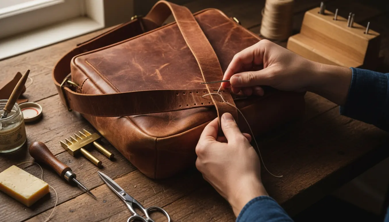 Nærbillede af hænder, der syr en knækket læderrem fast på en taske på et træværksted.