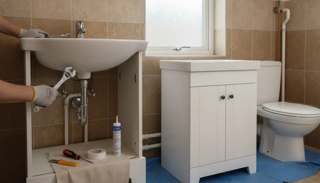 Nærbillede af udskiftning af vask og underskab på et lille toilet med værktøj og synlige rør.