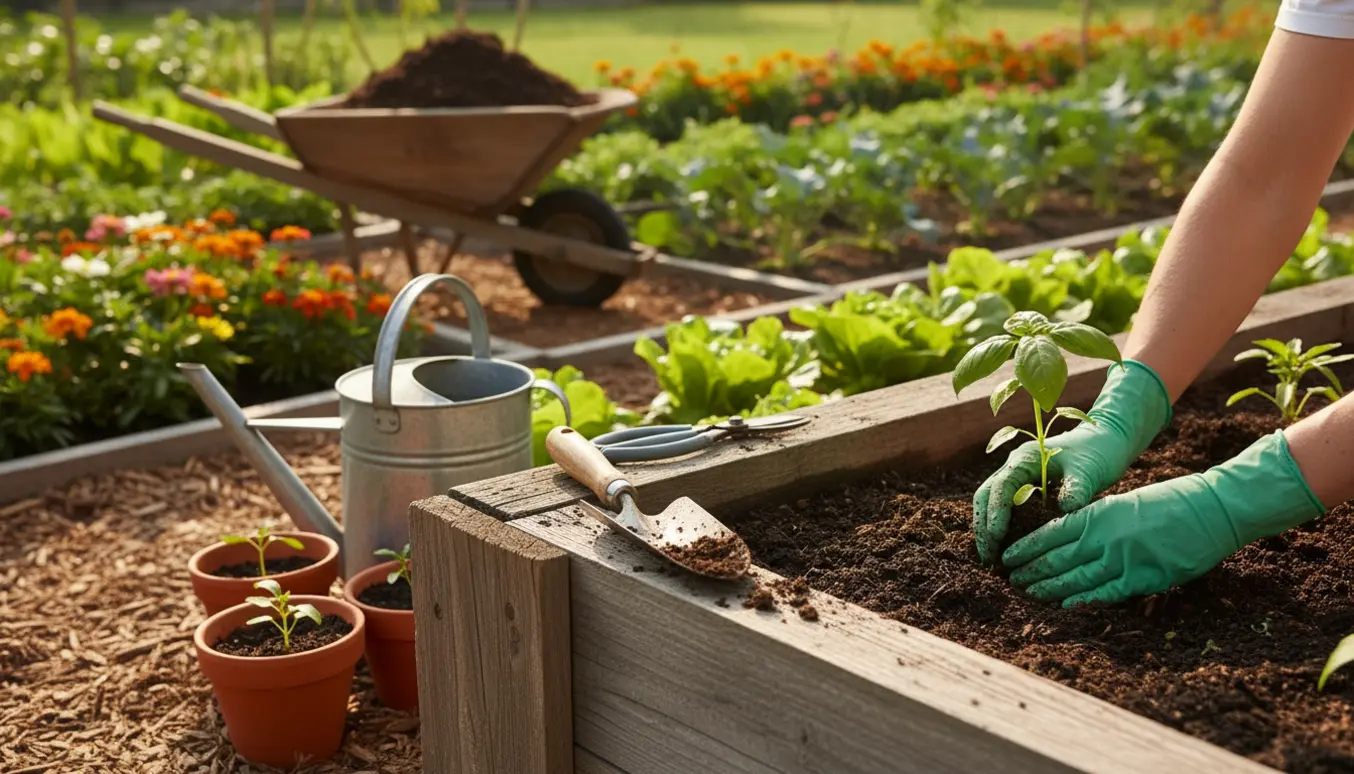 Hænder planter en lille krydderurteplante i en træhævet plantekasse i en solbeskinnet have.