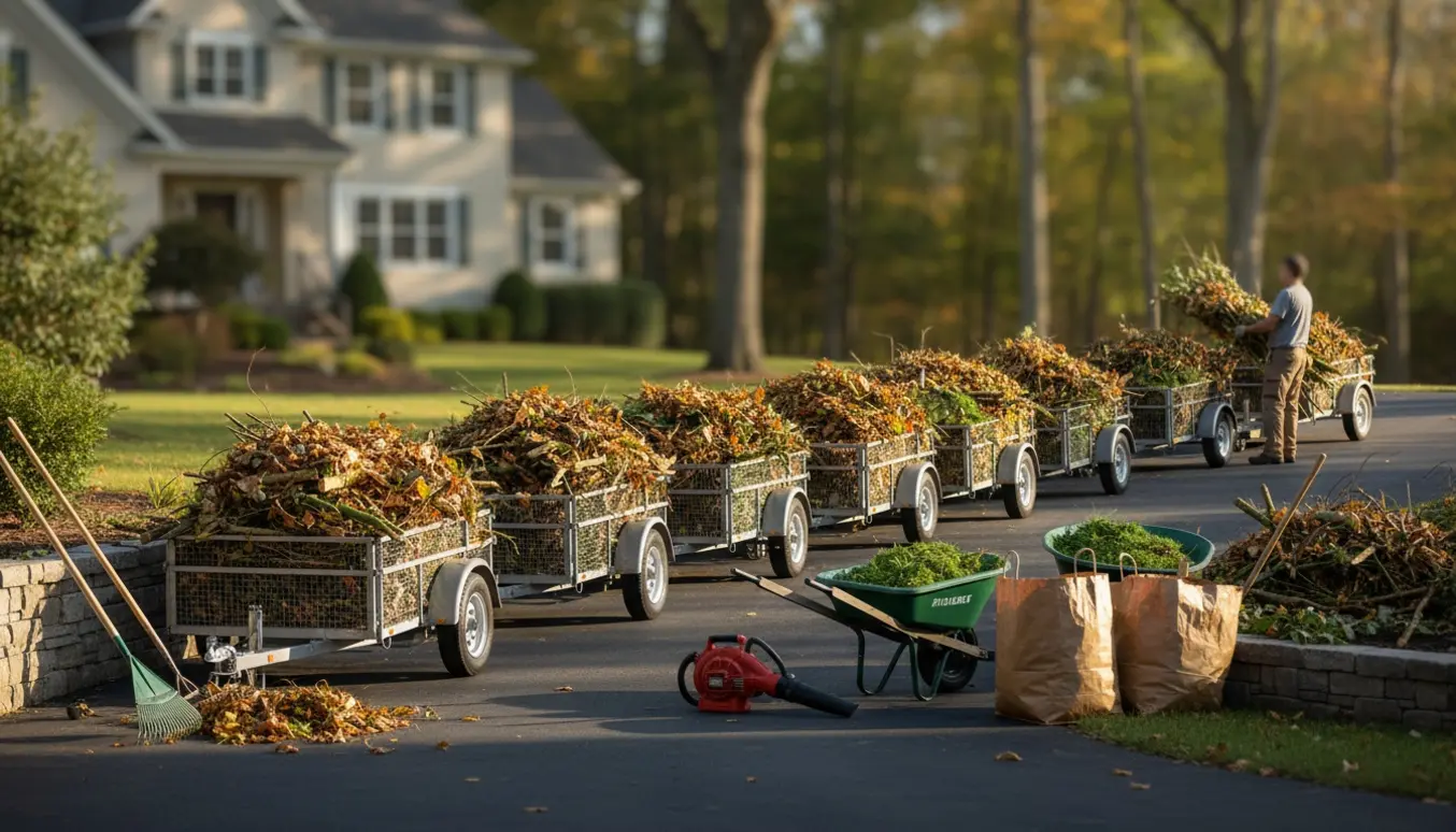 Omkring ti små trailere fyldt med blade og grene i en indkørsel klar til afhentning.