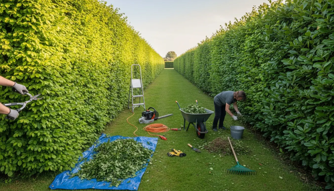 To nyklippede hække, en bøgehæk og en laurbærhæk, med værktøj og fjernet ukrudt ved laurbærhækken.