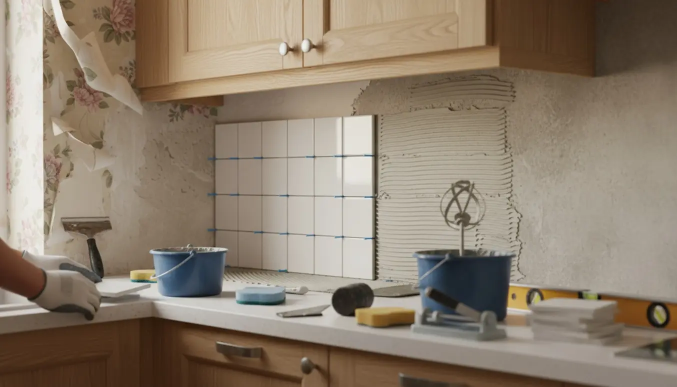 Nærbillede af lægning af små 10x10 fliser som køkkenbagkant mellem overskabe og underskabe med afrevet tapet på den ene væg og synlig beton på den anden.