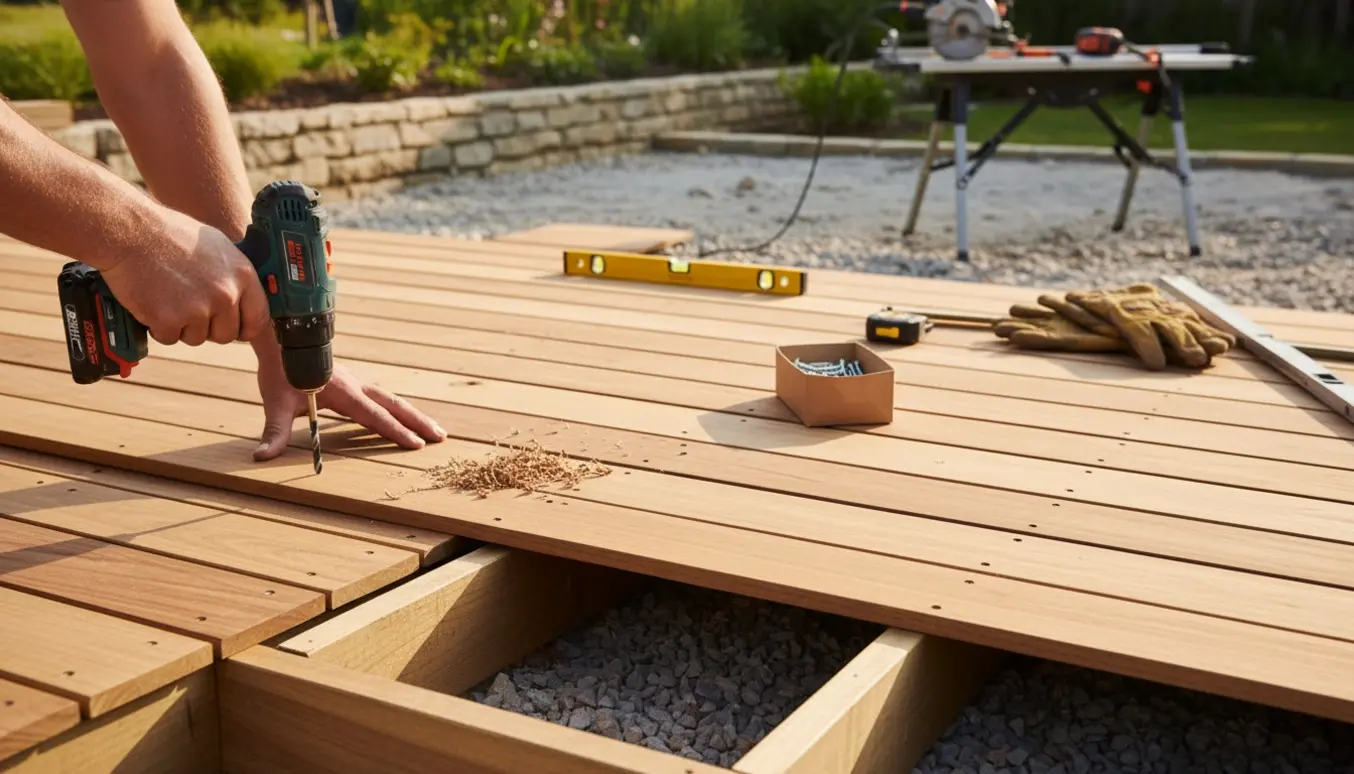 Nærbillede af hænder, der skruebrædder fast på en ny træterrasse med et enkelt trin og grusunderlag.