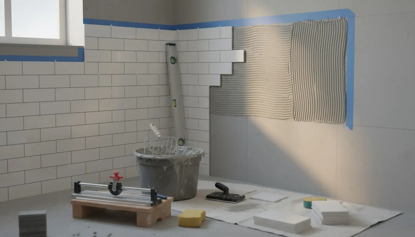 Nærbillede af opsætning af metrofliser i forbandt på to vægge af vådrumsgips med værktøj og fugearbejde.