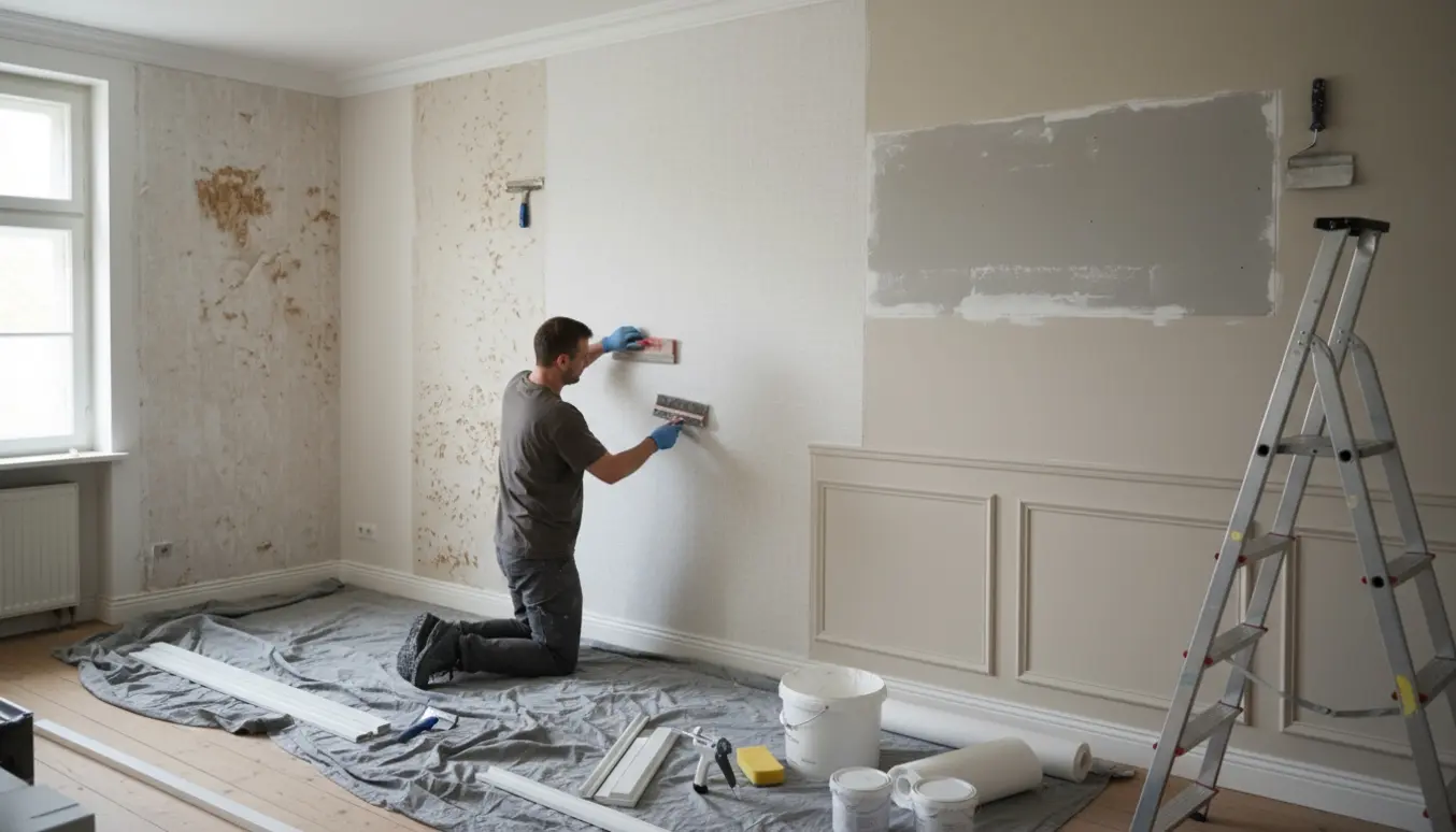 Væg under renovering med afrevet savsmuldstapet, opsat væv, nymalet panel og gipsreparation samt værktøj.