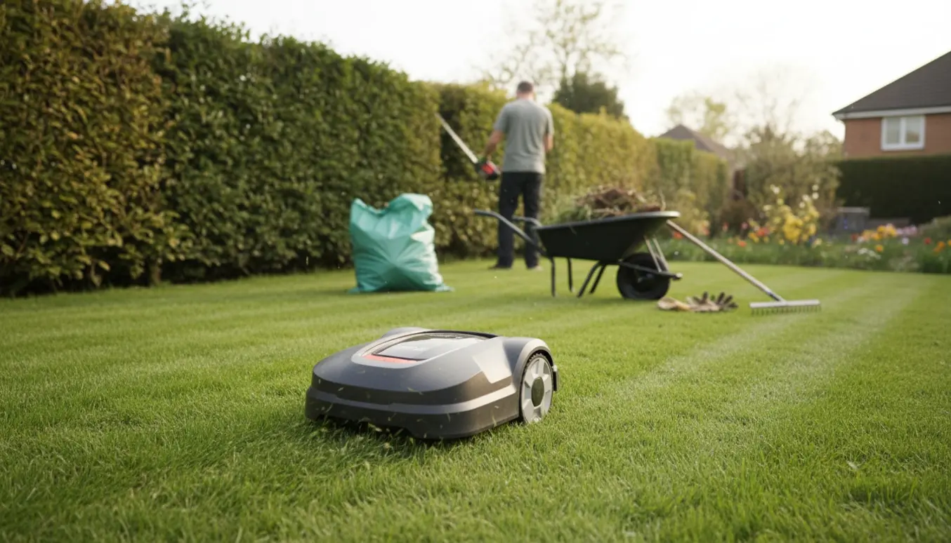 Hæk klippes og græs slås i en have med plæneklipper og en trillebør til haveaffald.
