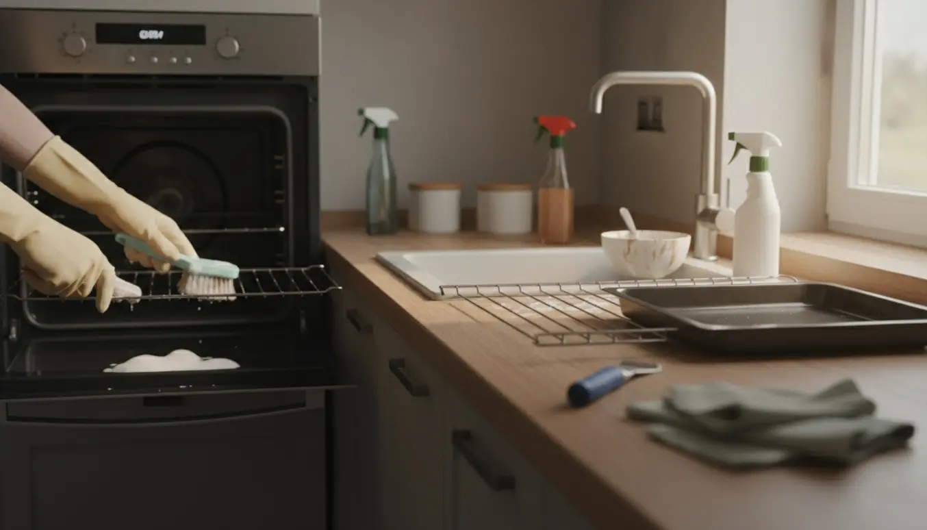 Åben ovn med aftagede ovnplader, der rengøres i et lyst køkken med handsker og rengøringsmidler.