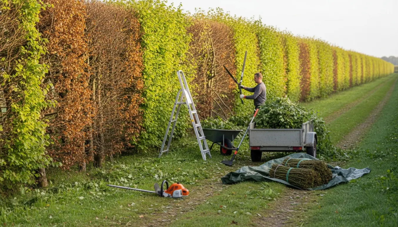 Lang bøgehæk klippes fra begge sider med værktøj og bunker af afklip langs kanten.