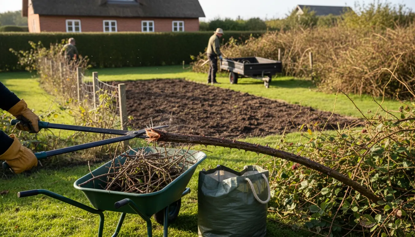 Overgroet have med brombær, arbejdshandsker og trillebør fyldt med afskårne grene.