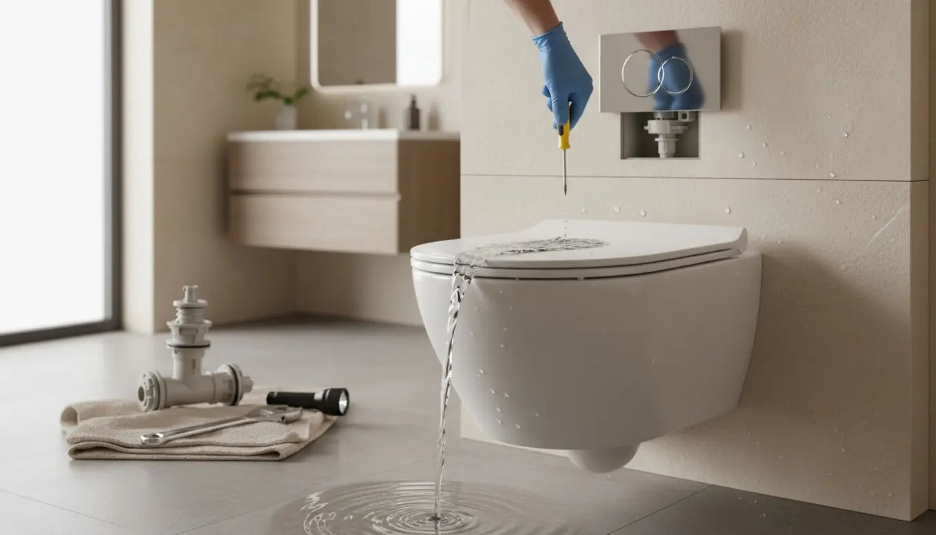 Nærbillede af en væghængt toilet med fjernet betjeningsplade, hvor handskerede hænder justerer cisternens indre ventil.