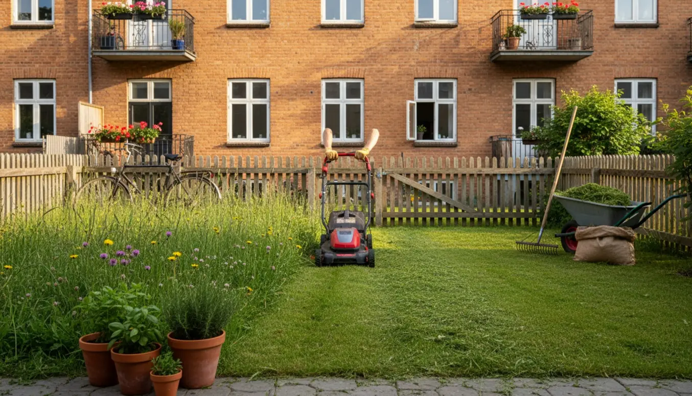 Lille Østerbro-gårdhave med tydelig kontrast mellem overgroet græs og nyslået plæne, hvor en plæneklipper er i arbejde.