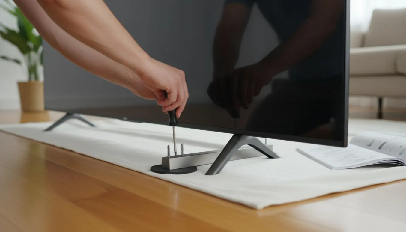 Et 86 tommer TV monteres på fødderne på et trægulv, mens hænder skruer en fod fast med en skruetrækker.