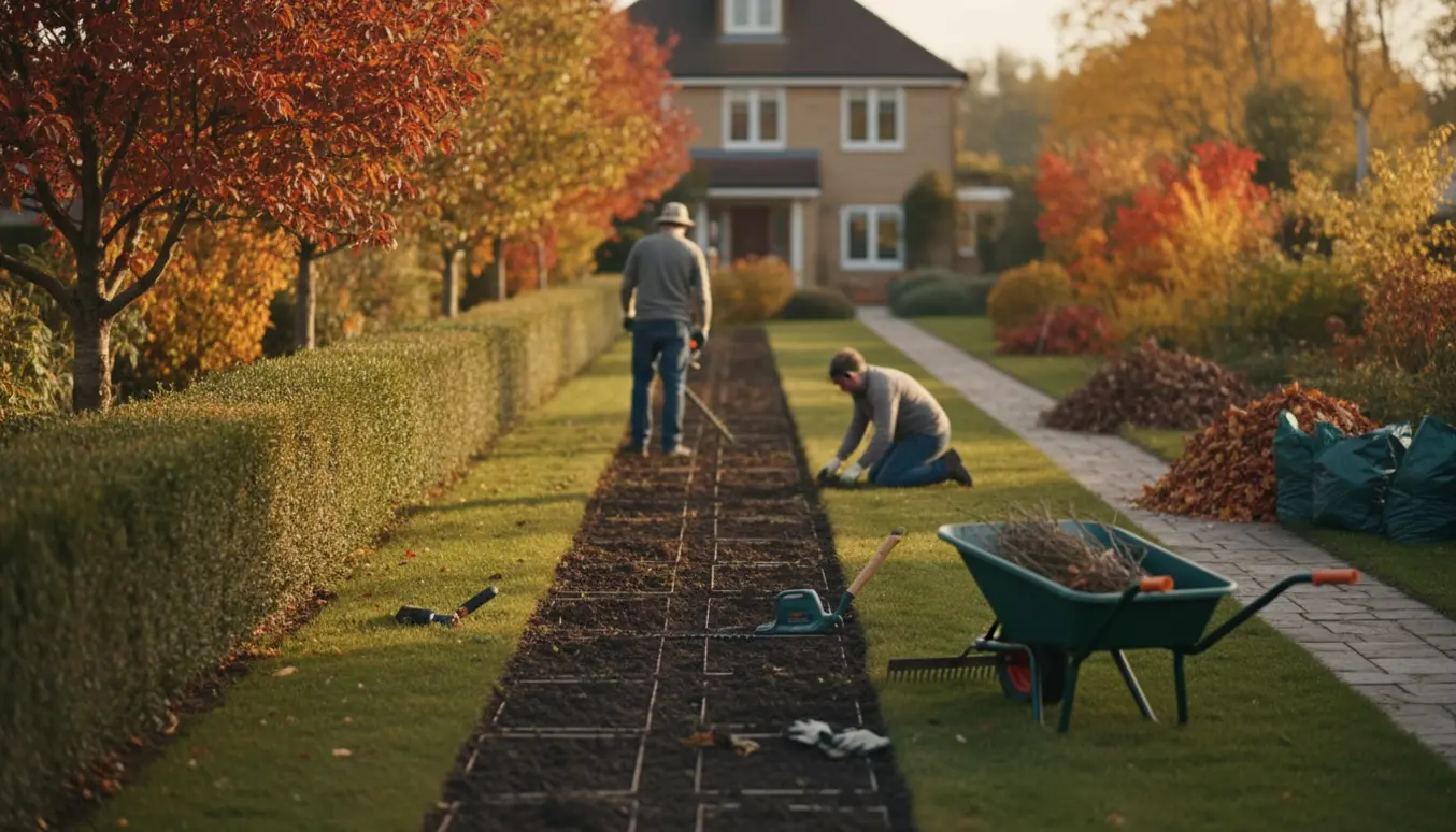 Efterårsklargøring af have med nyklippet hæk, kantrensning, lugning i bede og en trillebør med haveaffald.