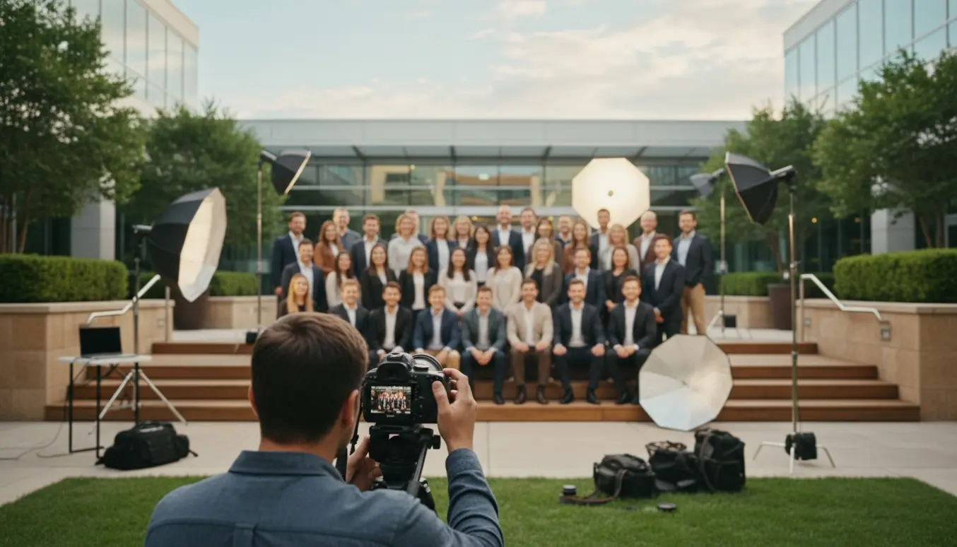 Fotograf justerer kameraet foran en gruppe medarbejdere i naturligt dagslys, med lysudstyr og risere i baggrunden.