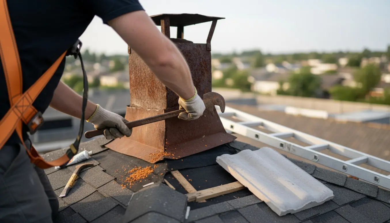 Roofer fjerner en rusten stålskorsten ved tagryggen med en ny betontagsten klar ved siden af.