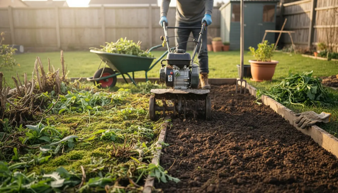 Havefræsning af et ca. 5 m² bed, hvor en havefræser vender gammel jord med synlig før‑og‑efter‑kontrast.