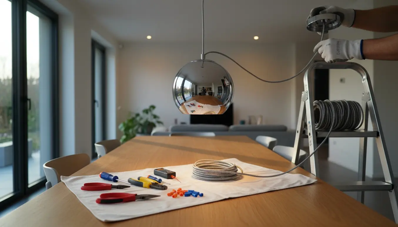 Krom pendellampe over spisebord under installation med værktøj og forlængerkabel.
