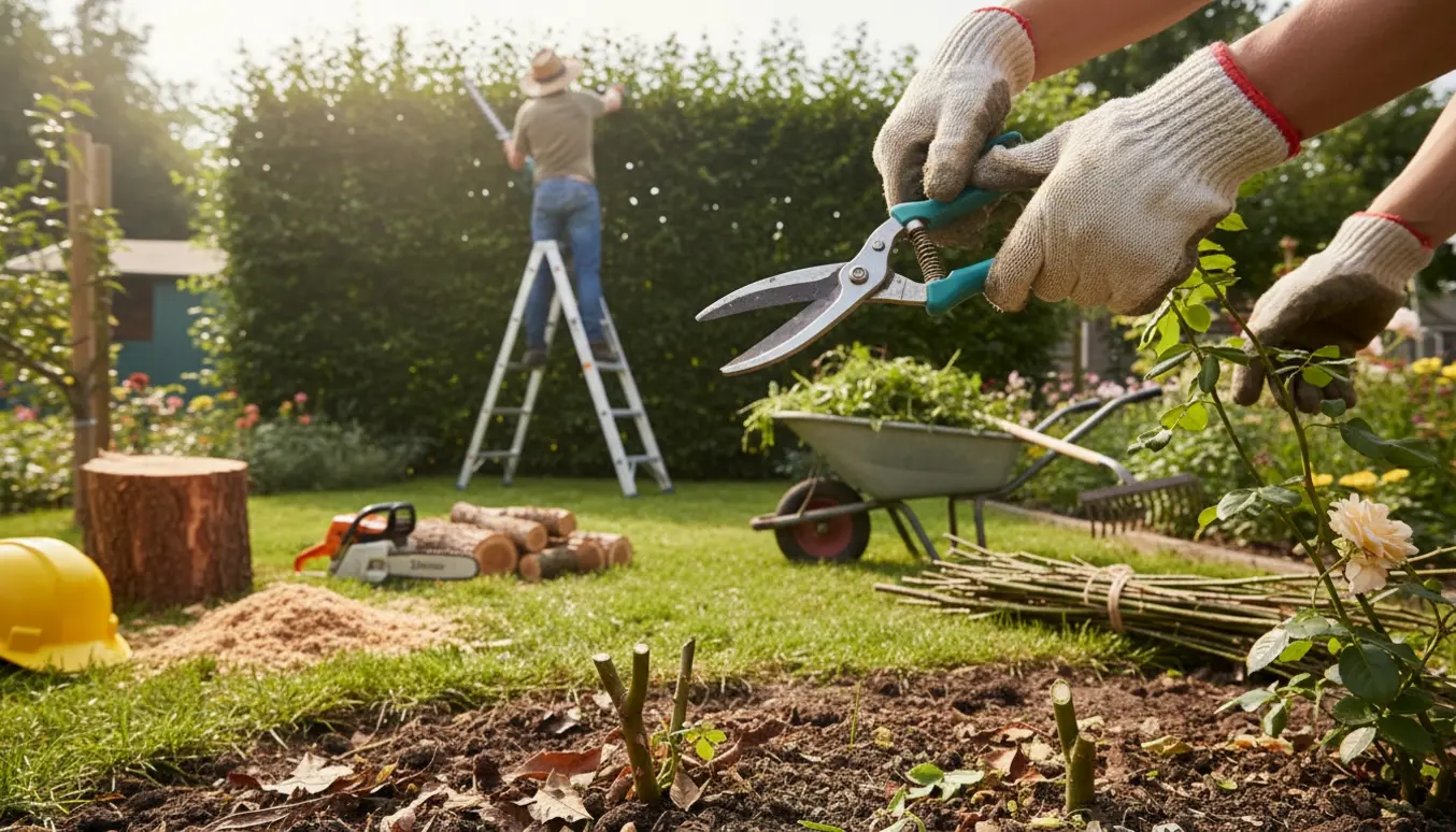 Havemand trimmer en høj hæk fra en stige med fældet træ, værktøj og ryddede bede omkring.