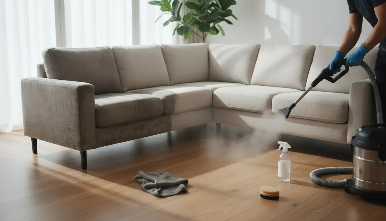 Hjørnesofa under rensning med synlig før-og-efter-kontrast og rengøringsudstyr.