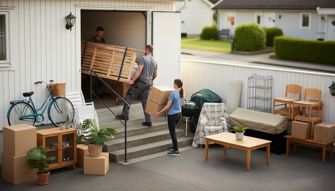 Flyttefolk læsser en seng og flyttekasser fra garage ind i en flyttebil, med cykel, planter og møbler i baggrunden.