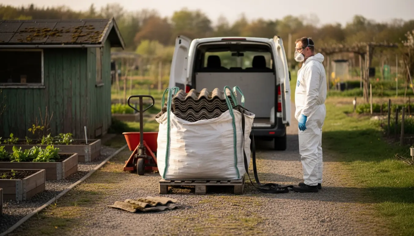 Stor sæk med asbesttagplader i indkørsel i en kolonihave, klar til transport med værktøj og varevogn i baggrunden.