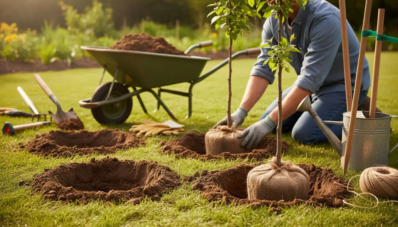 Tre unge træer ved udgravede plantehuller i en solrig baghave med skovle, trillebør og havehandsker klar.