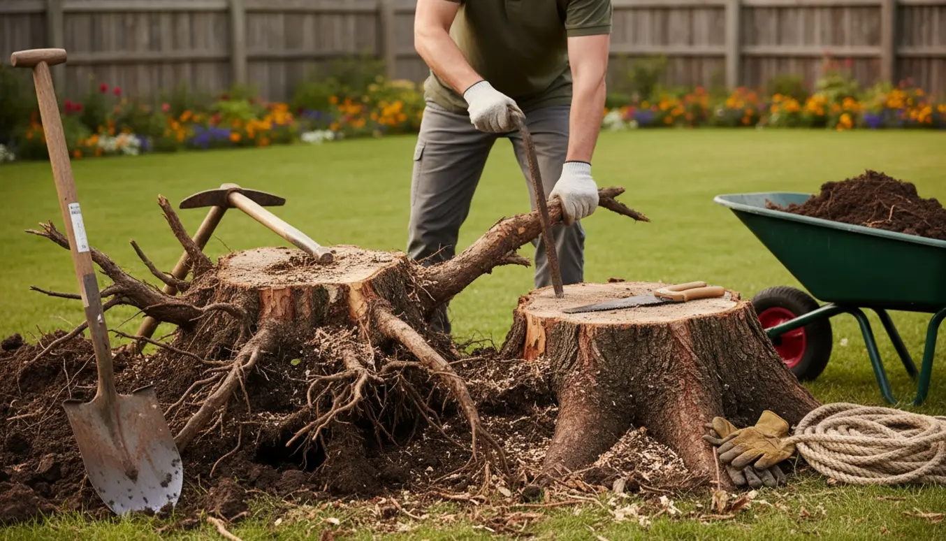 Haveejer graver to træstubbe op i baghaven med almindeligt haveværktøj.