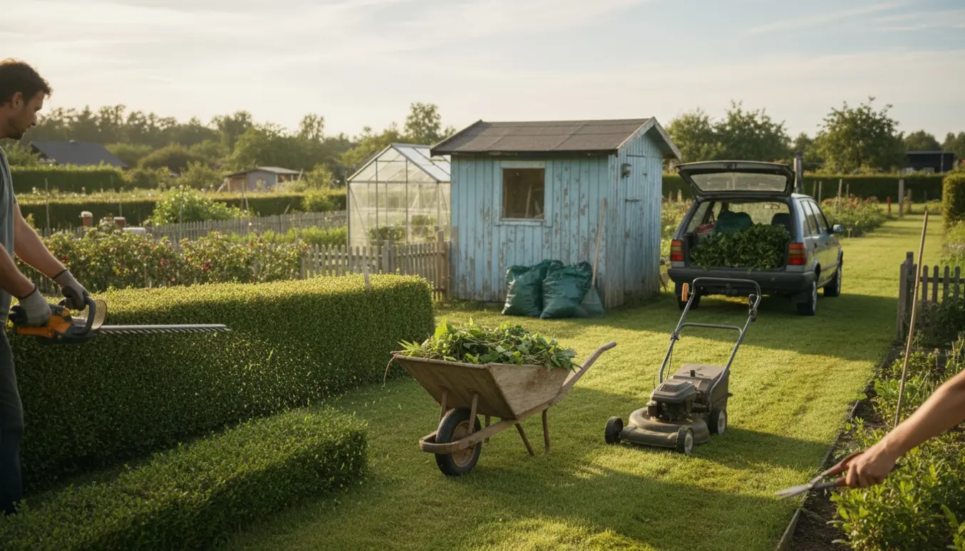 Kolonihave hvor hæk klippes og græs slås med trillebør fyldt med grønt affald klar til bortkørsel.