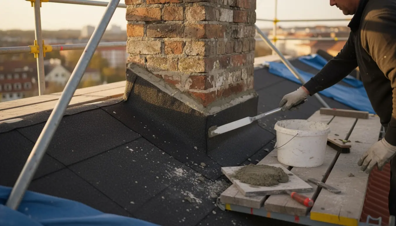 Arbejder på stillads pudser skorsten nær tagpap, kun hænder og værktøj synlige.