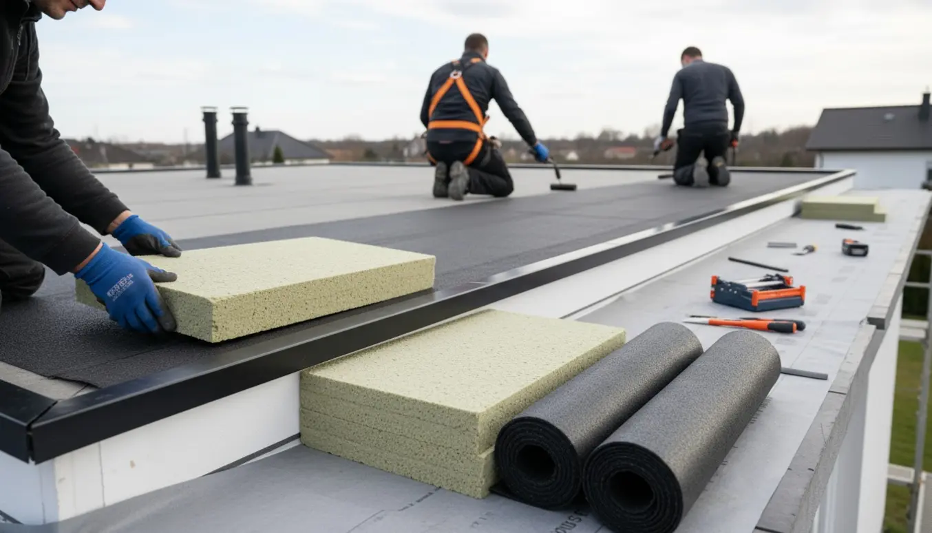 Tagrenovering med isolationsplader, to-lags SBS tagpap og sorte aluminiumsafslutninger på et fladt tag.