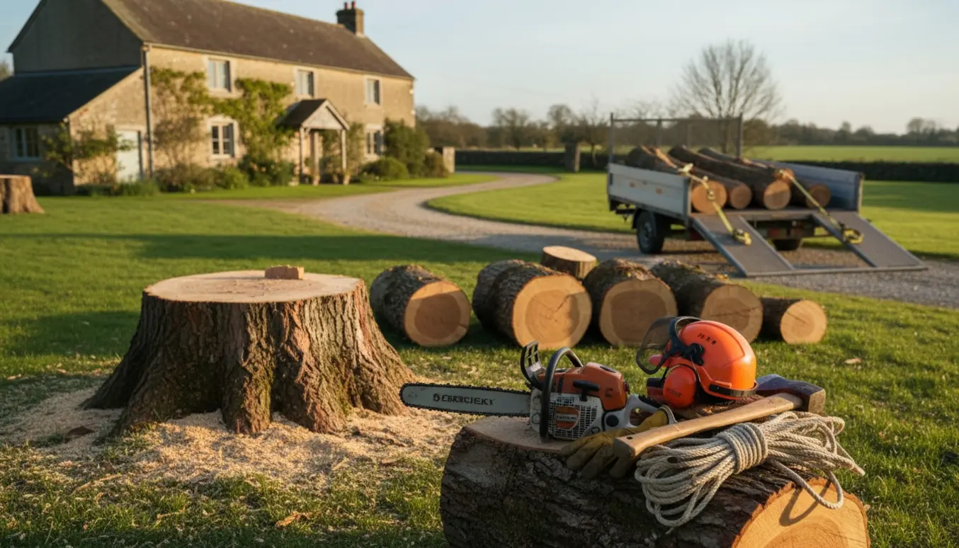 Fældet træ skåret i stykker ved et gammelt hus, klar til at blive læsset på en trailer.