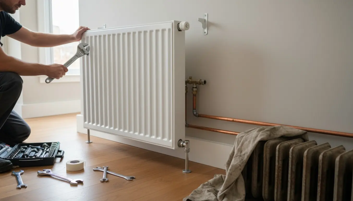 Håndværker monterer en ny panelradiator (60×140 cm) ved synlige rør med værktøj spredt på gulvet.