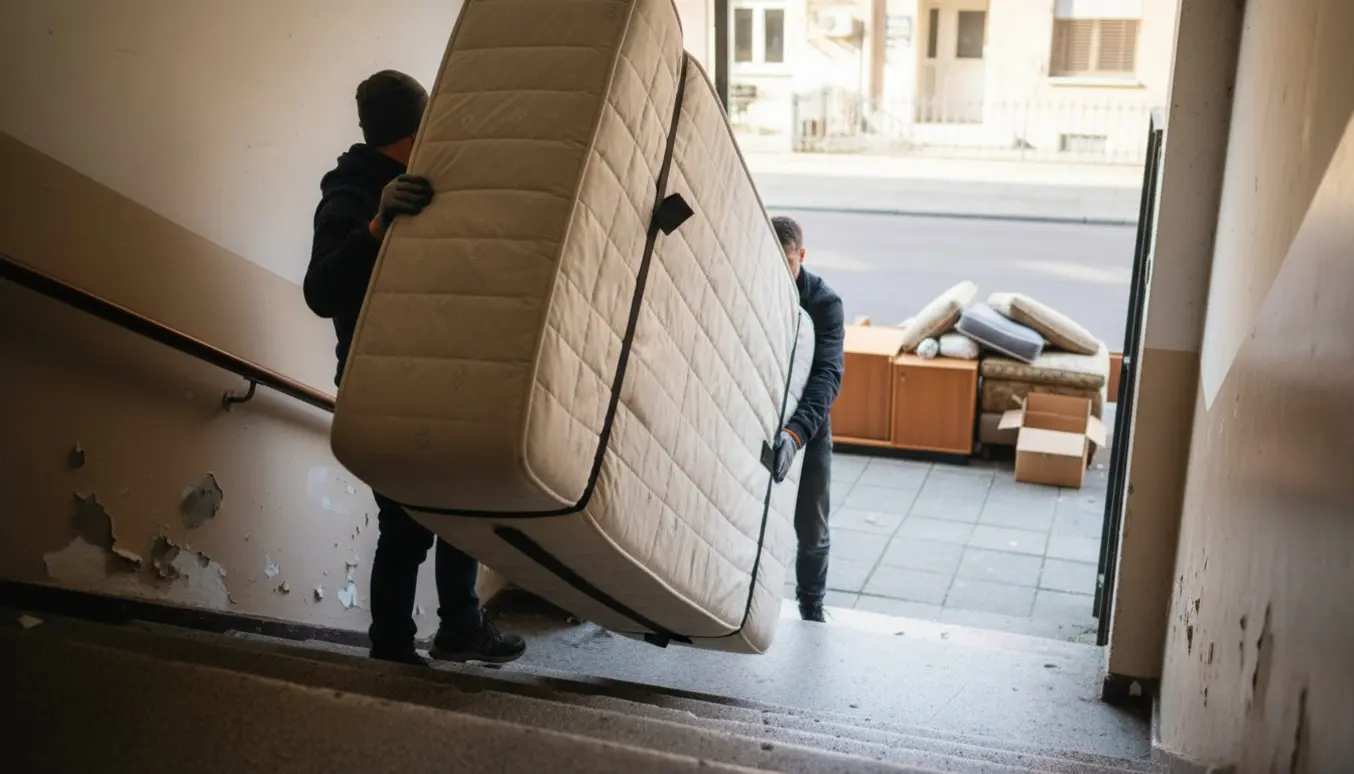 To personer bærer en stor boxmadras ned fra 3. sal ud mod storskrald på gaden.