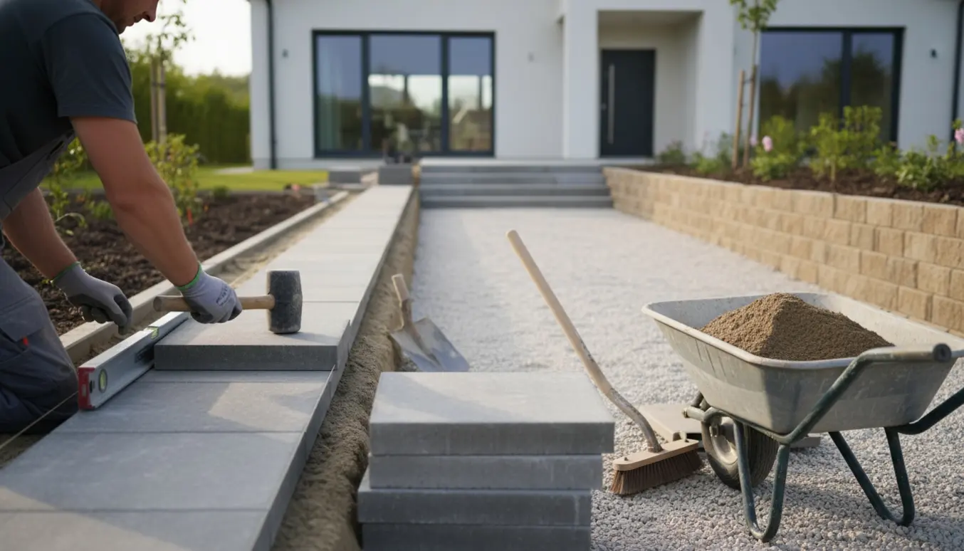 Håndværker lægger 60x60 fliser langs huset med indkørsel, trappe og lav støttemur i baggrunden.