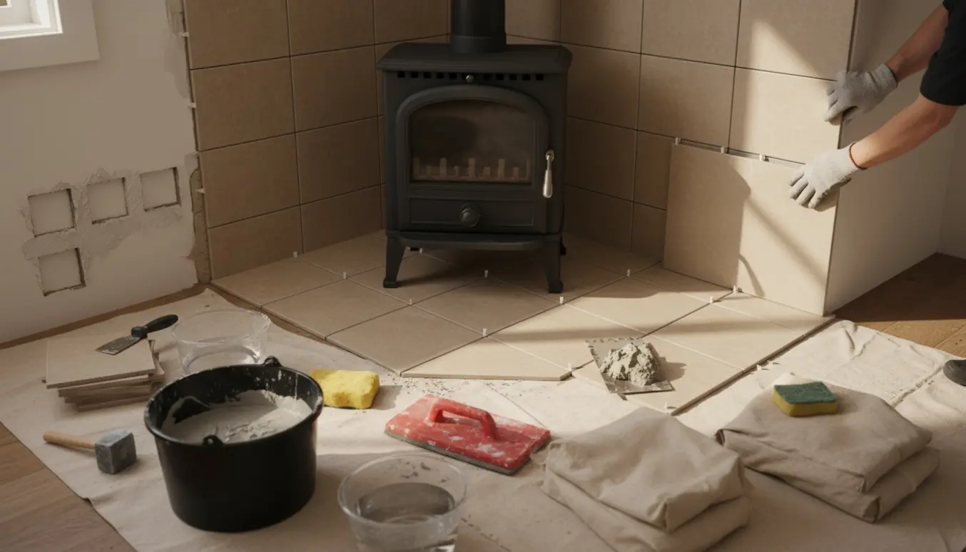 Fliselægning omkring en brændeovn med delvist lagte fliser, fliseklæb, fuge og værktøj.