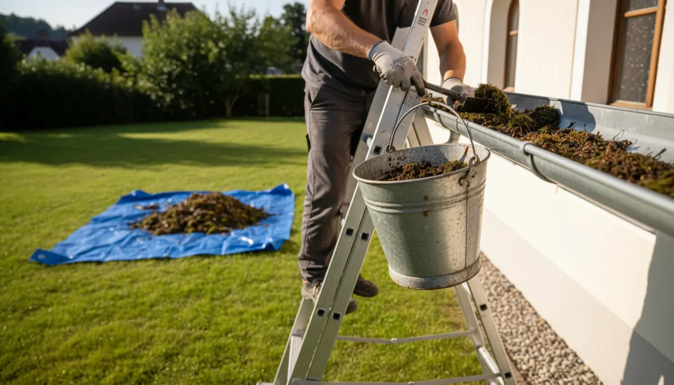 Nærbillede af en arbejder på stige, der fjerner mos og snavs fra tagrenderne på et sognehus med græsplæne og grusbaggrund.